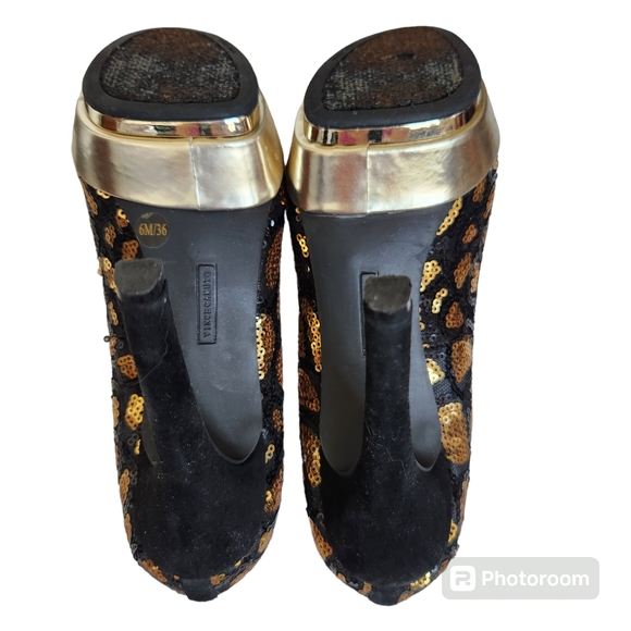 Vince Camuto Black & Gold Sequin Leopard Platform High Heels 6M - Picture 7 of 16